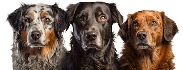 Three dogs staring at the viewer on a transparent background. Generative AI