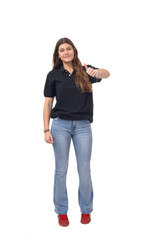 front view of young girl showing thumbs up on white background