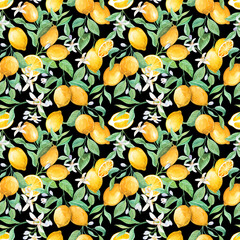 Watercolor lemon seamless pattern. Ripe citruses on branches, foliage and flowers on a black background. Tropical summer design for fabric, wallpaper, packaging, menu.