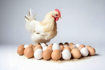 White fluffy chicken with red crest with colorful eggs on white background. Incubator, laying hen, hen. Generative AI