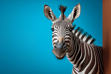 Fototapeta na wymiar Surprised zebra peeking from corner on blue background. Generative AI