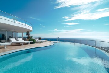 Fototapeta premium Luxury sea view apartment terrace with a swimming pool. Modern interior design with white sun loungers and bushes. Beautiful hotel terrace for relaxation. Summer vacation, holiday. AI Generative.