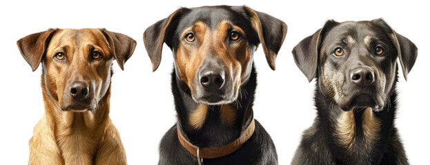 Three dogs sitting together on a transparent background. Generative AI