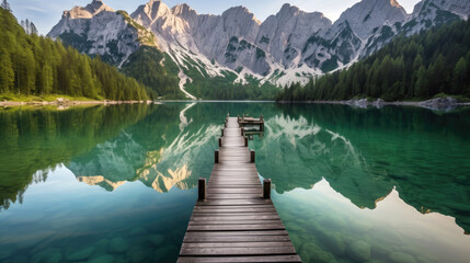 Lake with beautiful reflections of the mountains. Generative AI