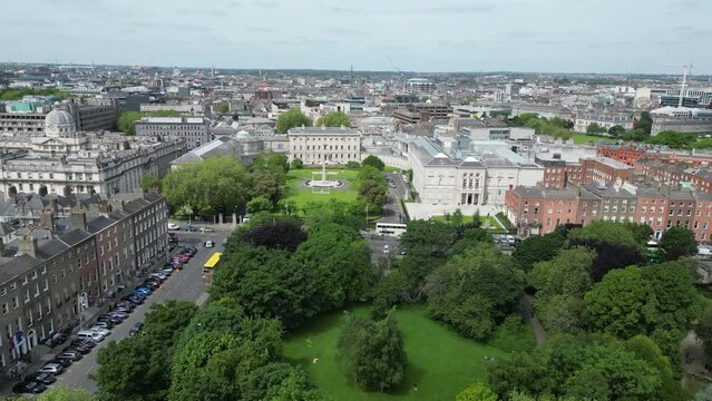 Drone shot zooming in towards Leinster House Dublin