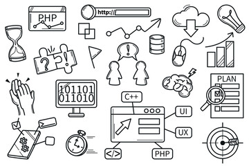 Hackathon doodle set. Hand drawn icons collection of programming, brainstorm and generation ideas, development, timing and teamwork, goal and strategy plan. Develop software vector line art.