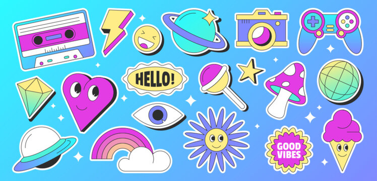 Naklejki Vector retro style sticker pack with 90s elements. Collection of cute characters and mushroom, rainbow, planet, ufo, camera, game joystick and cassette. Objects set on blue background.