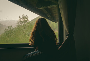  Sadness, melancholy, nostalgia - concept. A woman with long hair looks out the window on a rainy...