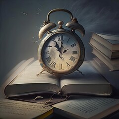 Alarm clock and books. The alarm clock is on the book and rings.