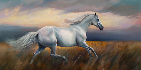 Plakat Illustration of a wild white horse running in full gallop, generative AI
