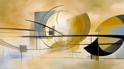 serene abstract art painting in neutral colors with straight lines and curved figures, silver and gold, translucent bold II