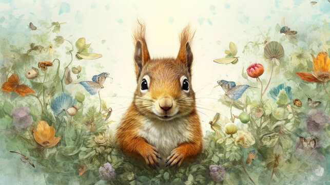 Adorable little squirrel illustration - generative AI, AI generated