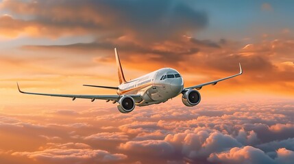 commercial airplane jetliner flying above dramatic clouds in beautiful sunset light. travel concept. generative ai - obrazy, fototapety, plakaty