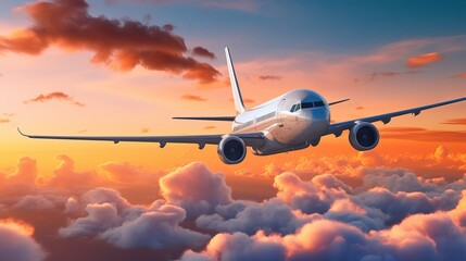 Fototapeta na wymiar commercial airplane jetliner flying above dramatic clouds in beautiful sunset light. travel concept. generative ai
