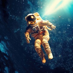 an Astronaut floating through space, feeling weightless, moon background, Spaced -themed, photorealistic illustrations in a JPG. generative ai