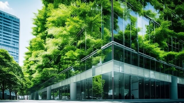 eco friendly building in the modern city. green tree branches with leaves and sustainable glass building for reducing heat and carbon dioxide. office building with green environment. generative ai