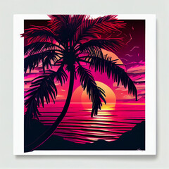 Beautiful sunset over the sea with pink view and palm tree , Generative AI