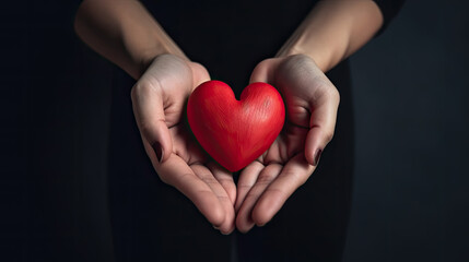 a female person holds a red heart in her hands. love concept. Generative AI