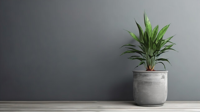 Gray interior with a plant. Copy space, banner. AI generation