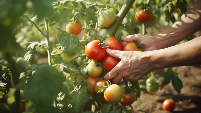 Close up of farmer hands harvesting tomato