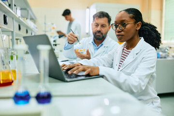 Black biochemist using laptop while working with colleague in laboratory.
