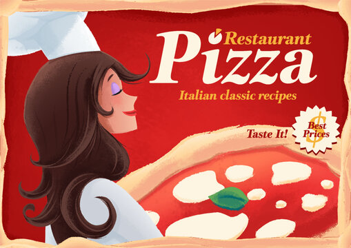retro italian pizza banner with woman chef