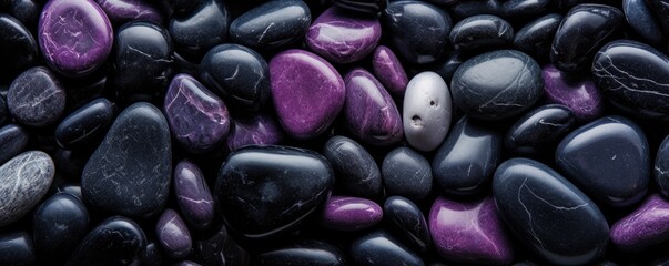 Obraz na płótnie Canvas Black and Lavender, river stones within a horizontal format for a product backdrop, Abtract-themed, photorealistic illustrations in JPG. Generative AI