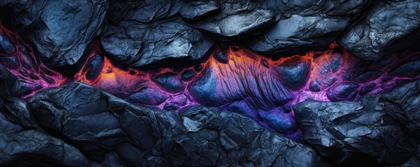 Obraz premium a Abstract Horizontal background, flowing orange lava around black rocks with purple colors. Lava Flow, dark matter. Liquid flow texture. Fluid art, photorealistic illustrations in JPG. Generative AI