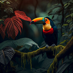 Obraz premium Ave tucano bico no meio da floresta