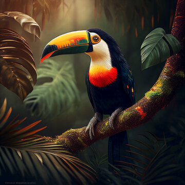 Ave tucano bico no meio da floresta