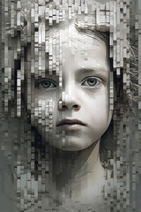 Pixelated child portrait in white and grey tones - generative AI, AI generated