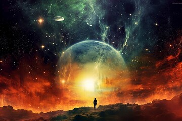 Transcendent Serenity: Person Contemplating the Vast Universe from a Hilltop - AI Generative