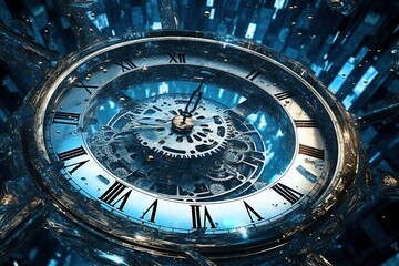 Clock with Roman Numerals in a Blue Room - AI Generative.