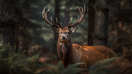 great horned red deer in the woods
