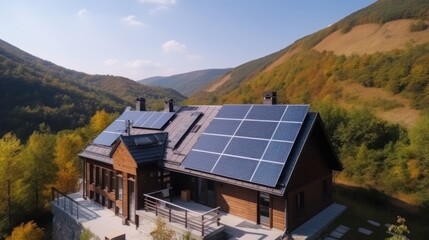 Obraz premium eco-friendly house with solar panels on the roof surrounded by green nature. Generative AI