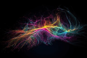 Neural Flow Particle System. Abstract illustration in motion, where particles turn into colorful streams of light representing neural connections. AI
