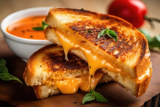 Ultimate Classic Grilled Cheese and Tomato Soup presented closeup on wood cutting board with blurred background. AI Generated