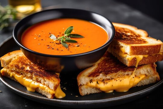 Ultimate Classic Grilled Cheese and Tomato Soup served on dark plate with blurred background. AI Generated