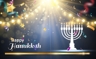 Hanukkah greeting card on a beautiful background with stars of David and an Israeli candlestick.
