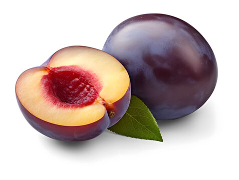 Plums isolated on white and transparent background. Half of blue plum fruit. Png