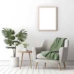 Poster mockup with vertical frame on empty white wall in living room interior with gray armchair.