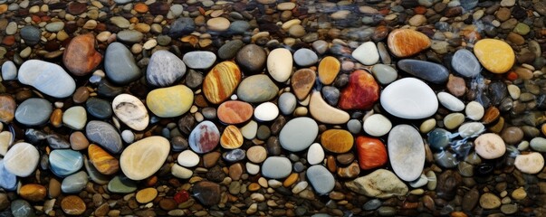 Naklejka na ściany i meble a top view of multi-colored river stones in a horizontal format, product backdrop, and Abtract-themed, photorealistic illustrations in JPG. Generative AI
