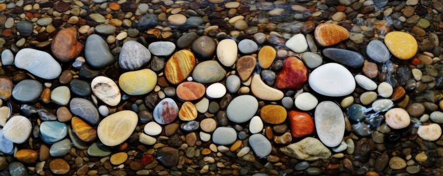 a top view of multi-colored river stones in a  horizontal format, product backdrop, and Abtract-themed,  photorealistic illustrations in JPG. Generative AI