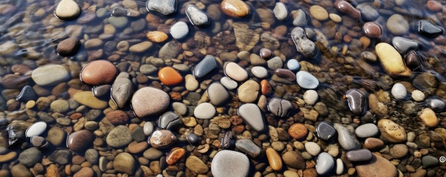 a top view of multi-colored river stones in a  horizontal format, product backdrop, and Abtract-themed,  photorealistic illustrations in JPG. Generative AI