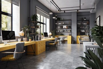Obraz na płótnie Canvas offices and coworking space collaboration white yellow and grey colors generative ai