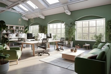 office and remote workspaces such as desks home offices and coworking space collaboration white green and grey colors generative ai