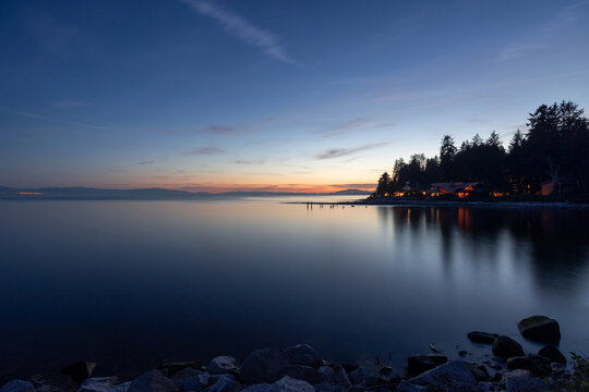 Roberts Creek at sunset, dusk or twilight on the Salish Sea, BC Canada travel and tourism