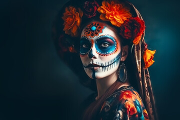 Dia de los muertos portrait of Calavera Catrina. Young woman with sugar skull makeup. Generative AI illustration