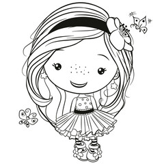 Cartoon Girl with butterflies outlined for coloring book isolated on a white background
