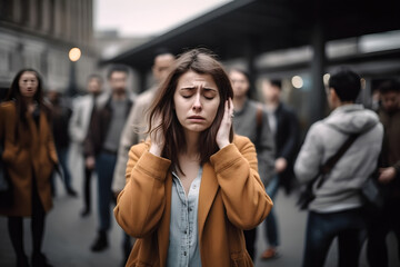 caucasian woman experiencing panic attack in public crowded place. Neural network generated in May 2023. Not based on any actual person, scene or pattern. Generative AI